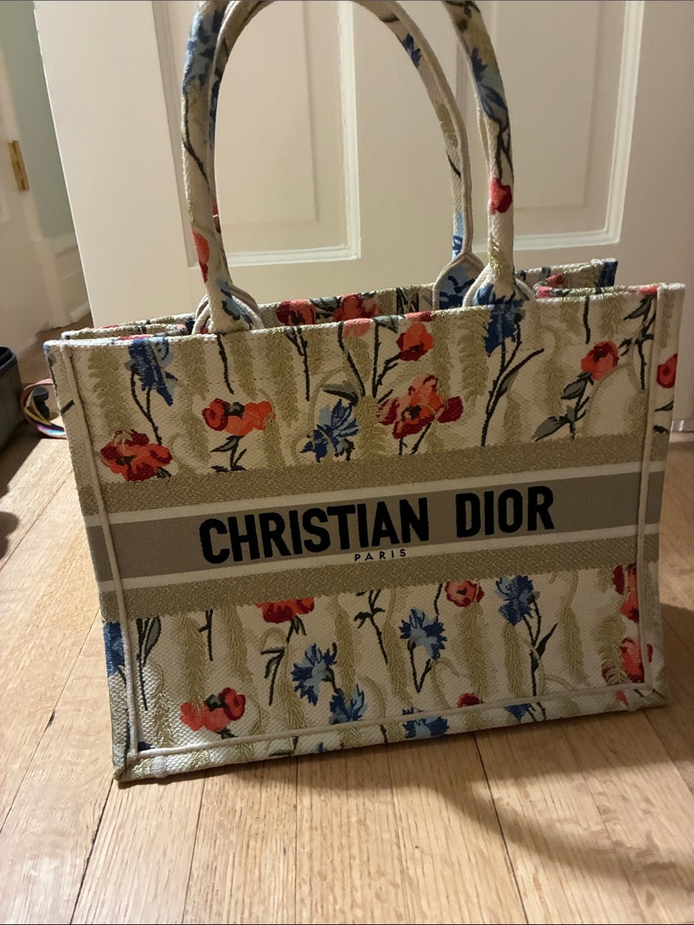 Dior Beige Floral Canvas Tote with Red & Blue Accents